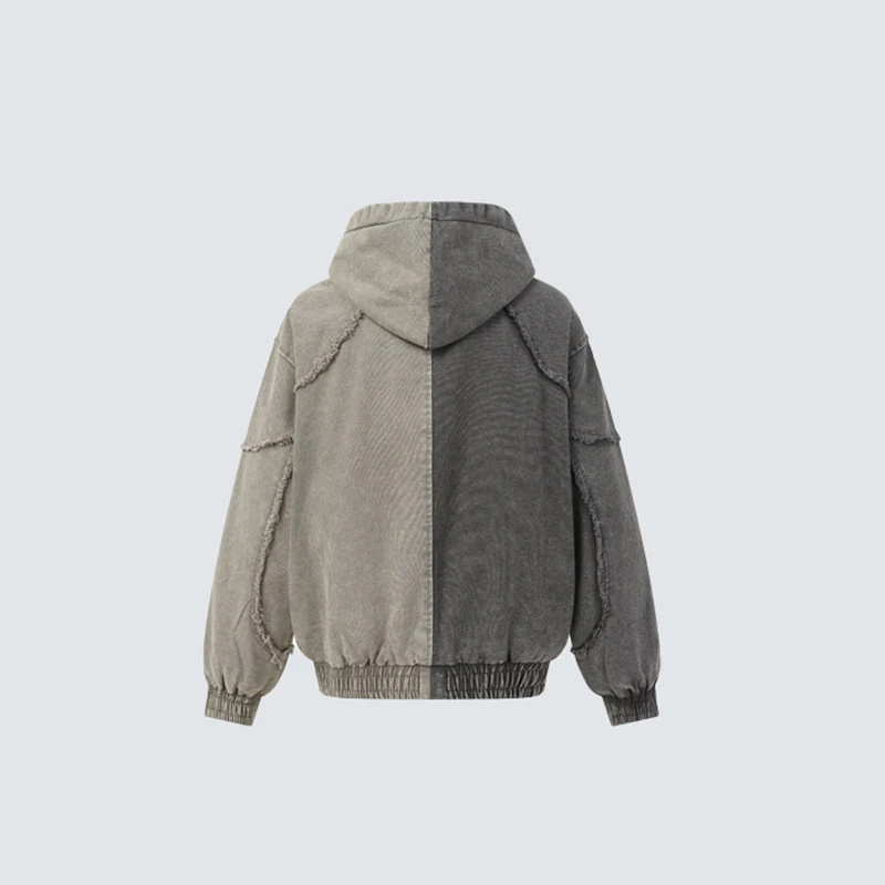 Splicing And Deconstructing Hooded Jacket Washed And Worn With Split Edges Hoodie Jacket Yin-Yang Contrasting Color Cardigan