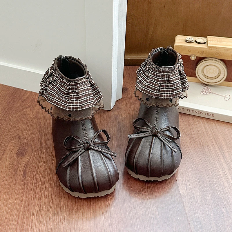 JGSHOWKITO Girl's Ankle Boot Sweet Ruffled Edge Princess Winter Boots for Children Warm Outdoor Flurry Non-slip Kids Plush Boots