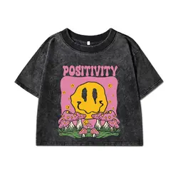 Woman Cotton Crop Washed T-Shirts Mushrooms Smiling Face Positivity Letter Prints Tops Oversize O-Neck Distressed Female Clothes