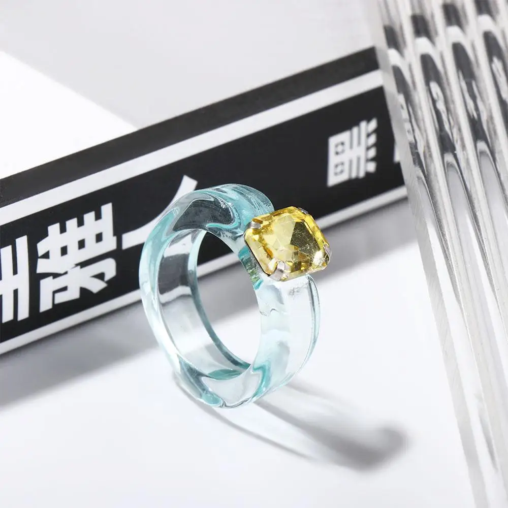 Vintage Trendy Cool Rhinestone Women Jelly Color Resin Rings Fashion Jewelry Finger Ring Transparent