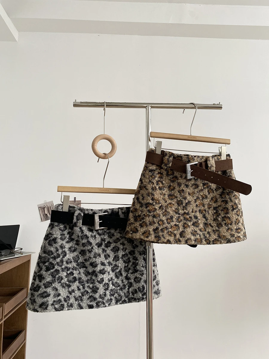 Retro American Fashion Loose Fit Leopard Print Lamb Fur Half Skirt Slim Short Skirt Women's High Waist Polyester Fiber