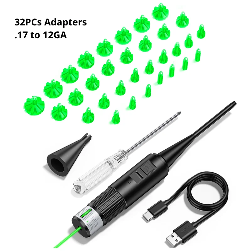 USB Rechargeable Laser Boresigher 32 Adapters  .17 .177 .22 9MM to 12GA Laser Bore Sight Collimtor