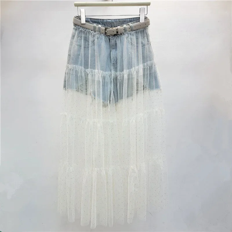 2025 Summer New Fashion Hot Diamond Mesh Skirt Splicing Denim Shorts For Women Versatile Mid Length Skirt Female 11A04633