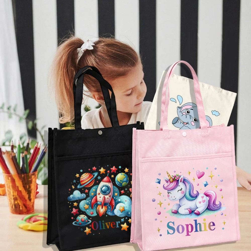 Kişiselleştirilmiş çocuklar kütüphane Tote çanta Homeschool Unicorn roket adı okuma kitapları ile çanta çocuk okul çantası çocuklar için doğum günü