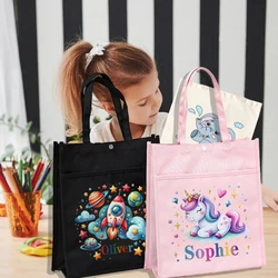 Bolsa de mano personalizada para niños, Bolsa Escolar con nombre, unicornio, cohete, lectura, libros, regalo de cumpleaños