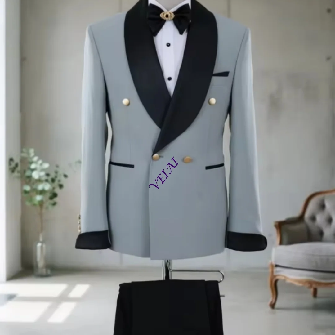 2 Pieces Men Suits Men Vintage Grey Black Contrast 2 Piece Suit Tailored Double Breasted Blazer for Business Formal EvCustomized