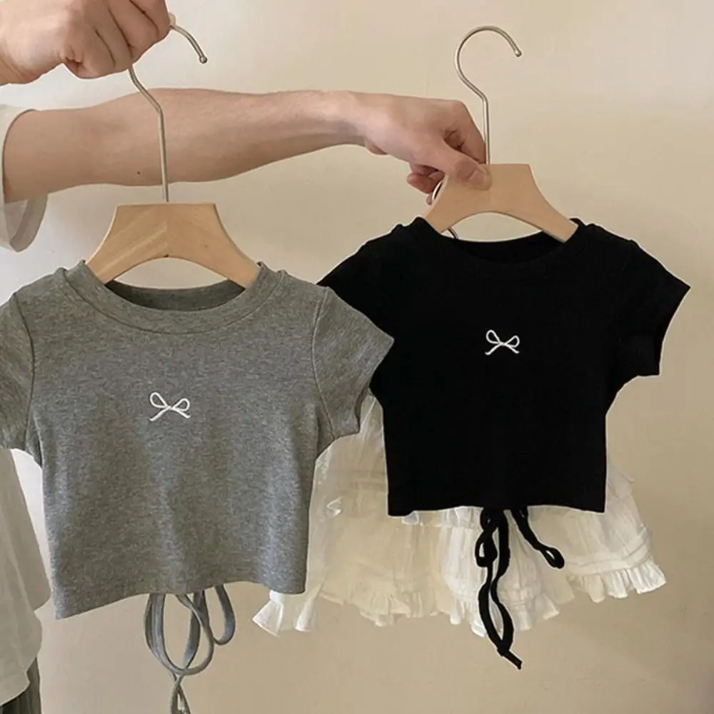 

Fashion Lace Up Teens Bow T-shirts Korean Style Short Sleeve Slim Crop Top Summer Sweet Girl's Top Students