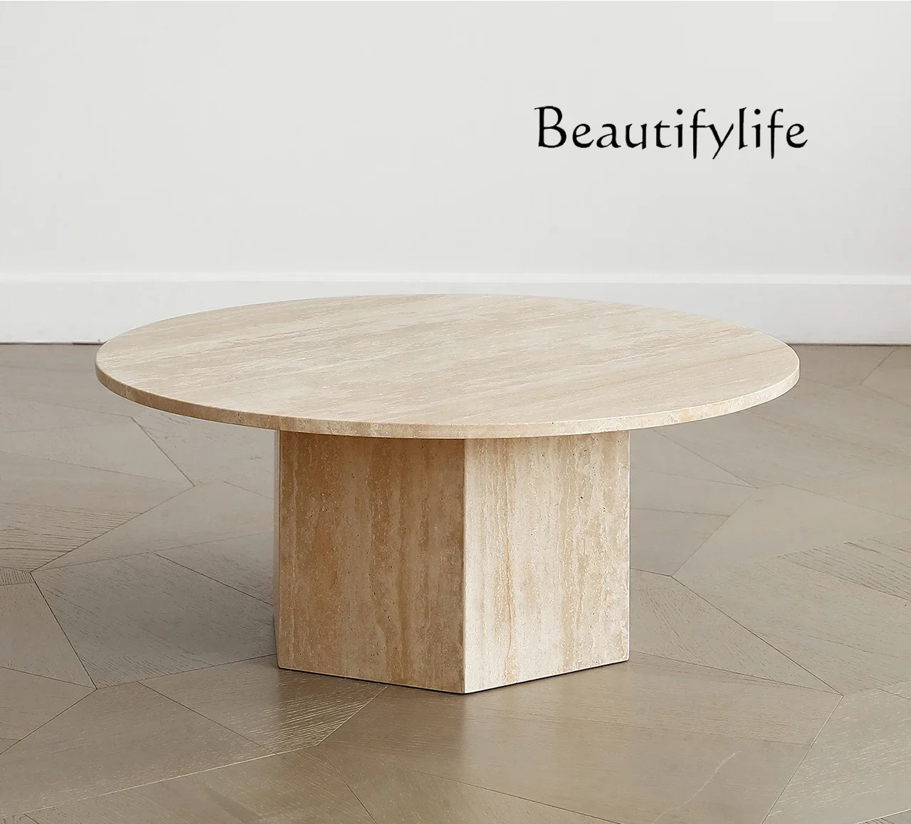 

Light luxury simple natural travertine coffee table villa home living room wabi sabi French retro round table