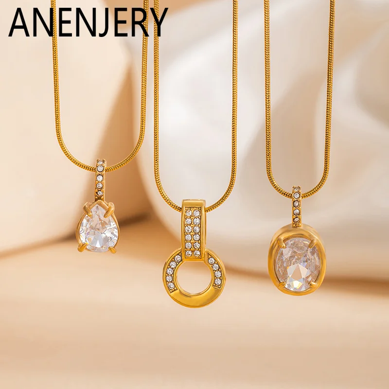 ANENJERY 316L Stainless Steel Polished Teardrop Round Zircon Necklace For Women Simply Elegant Luxury Jewelry Gifts Wholesale