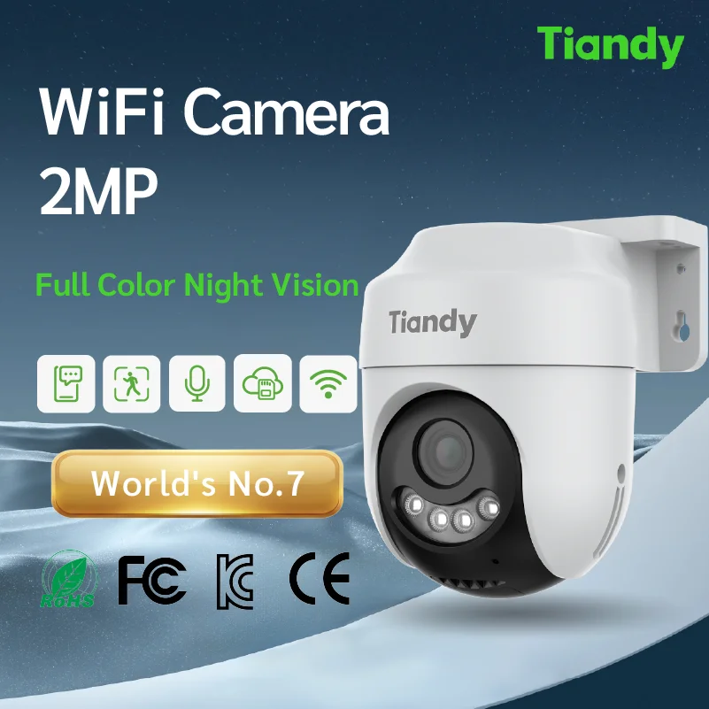 Tiandy 2MP Kabellose Außenkamera Vollfarbige Nachtsicht Menschenerkennung Zwei-Wege-Kommunikation Cloud-Speicher IP66 Sicherheitsmonitor