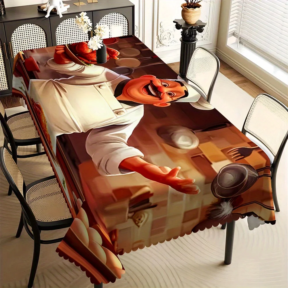 Funny Chef Seafood Kitchen Table Cover Scalloped Edge Waterproof Tablecloth for Cafe Restaurant Food Themed Table Decoration
