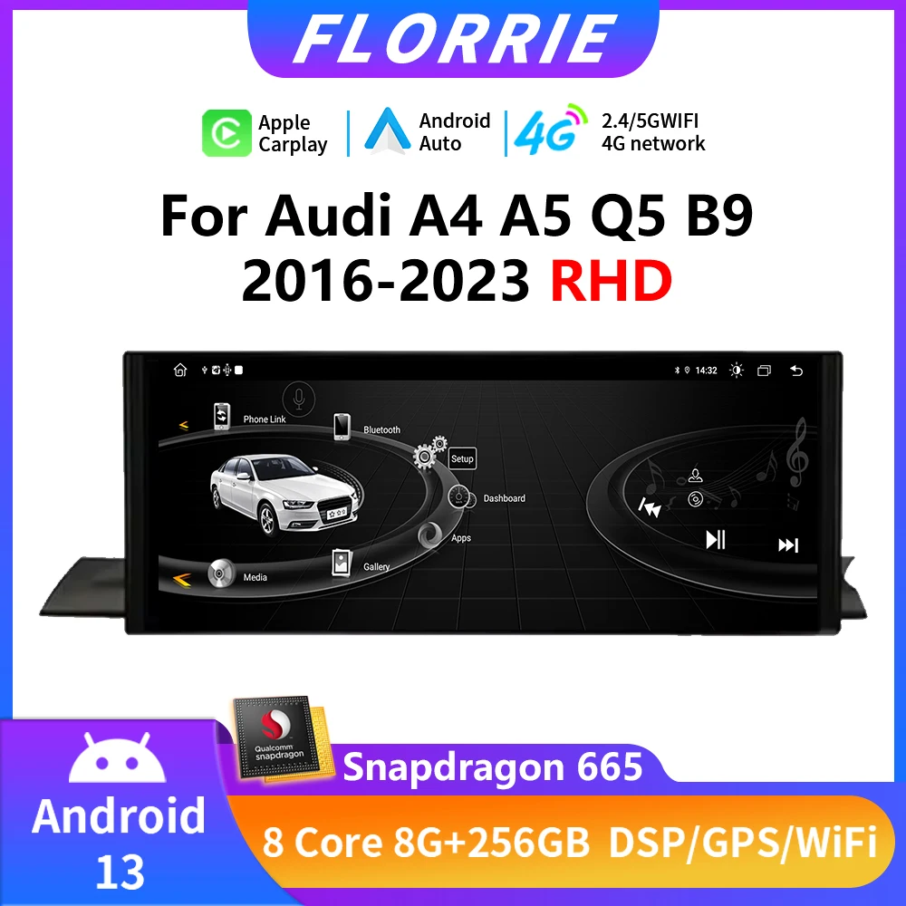 

For Audi A4 A5 Q5 B9 2016-2023 RHD Car Multimedia Player Wireless Carplay Android 13 WIFI 4G Touch Screen GPS Navi 2Din Stereo