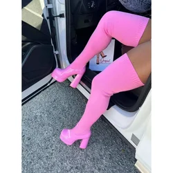 Wild Women Knitted Thigh High Heels Boots Pink Red Heel Shoes 2023 Water Platform Leather PU Ladies Sexy Thick Sole Sock Boot