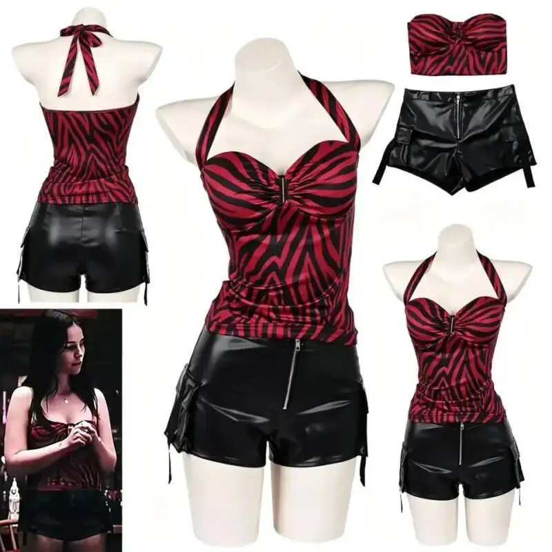 Obsession Nikki Kostüm Cosplay Outfit Zebra Neckholder-Top Kunstleder Cargo-Shorts Punk Streetwear Halloween Karneval Verkleidung