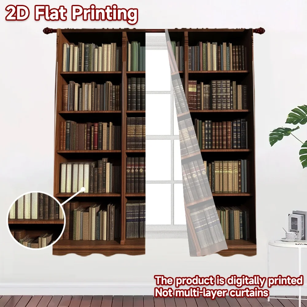 2D flat 2pcs Curtain Country Style Vintage Bookshelf Display Digitally printed polyester, colorfast Festive Curtains Perfect for