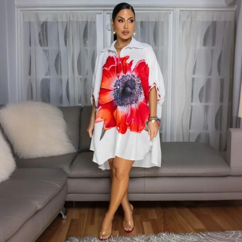 KEXU レディース ハーフスリーブ ルーズシャツ風ワンピース 2025 ファッション プリント シック ナイトクラブ パーティー アフリカン ストリート ベスティド セクシーワンピース