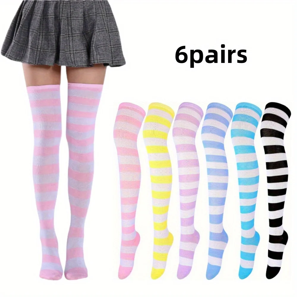 

6 pairs of striped multi-color women's high knee socks, breathable and comfortable, suitable for daily boots and skirts matching