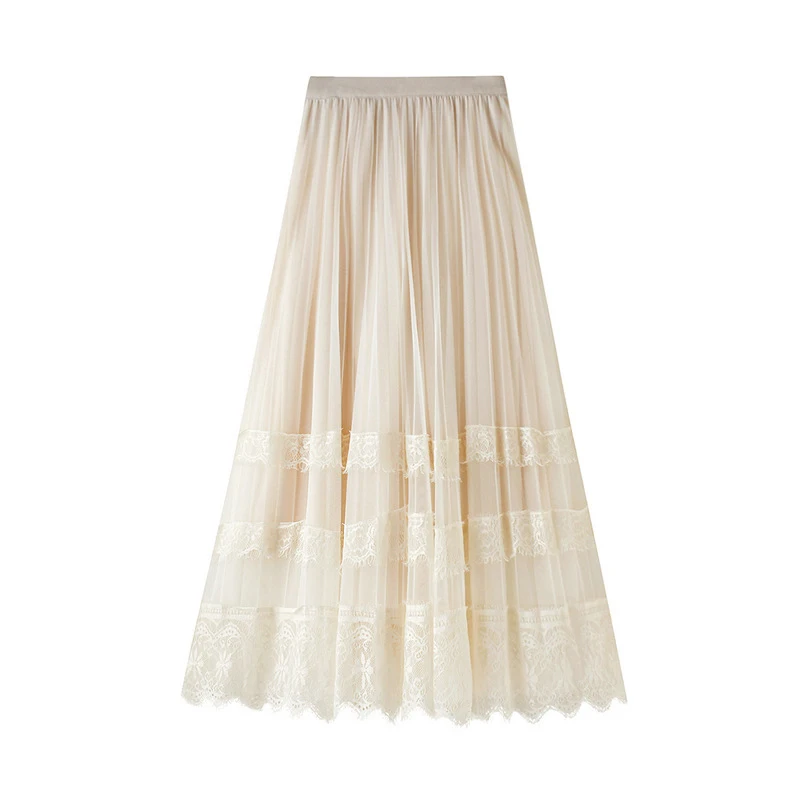 Lace Patchwork Pleated Skirts for Women Autumn Korean Elegant Office Lady Tulle Skirts High Waist Solid All Match A Line Skirts