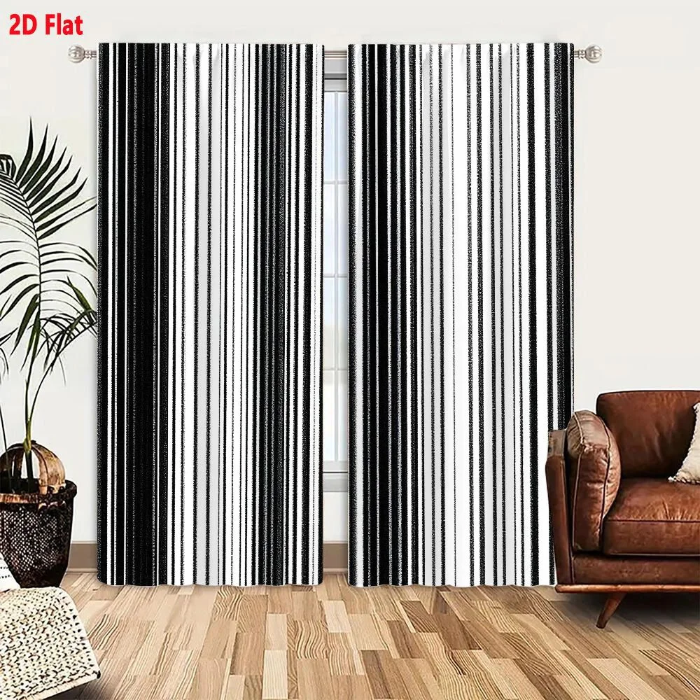 2Pcs Curtains Abstract Black And White Vertical Stripe Pattern With Varying Line Widths Resembling A Distorted Barcode Or Glitch