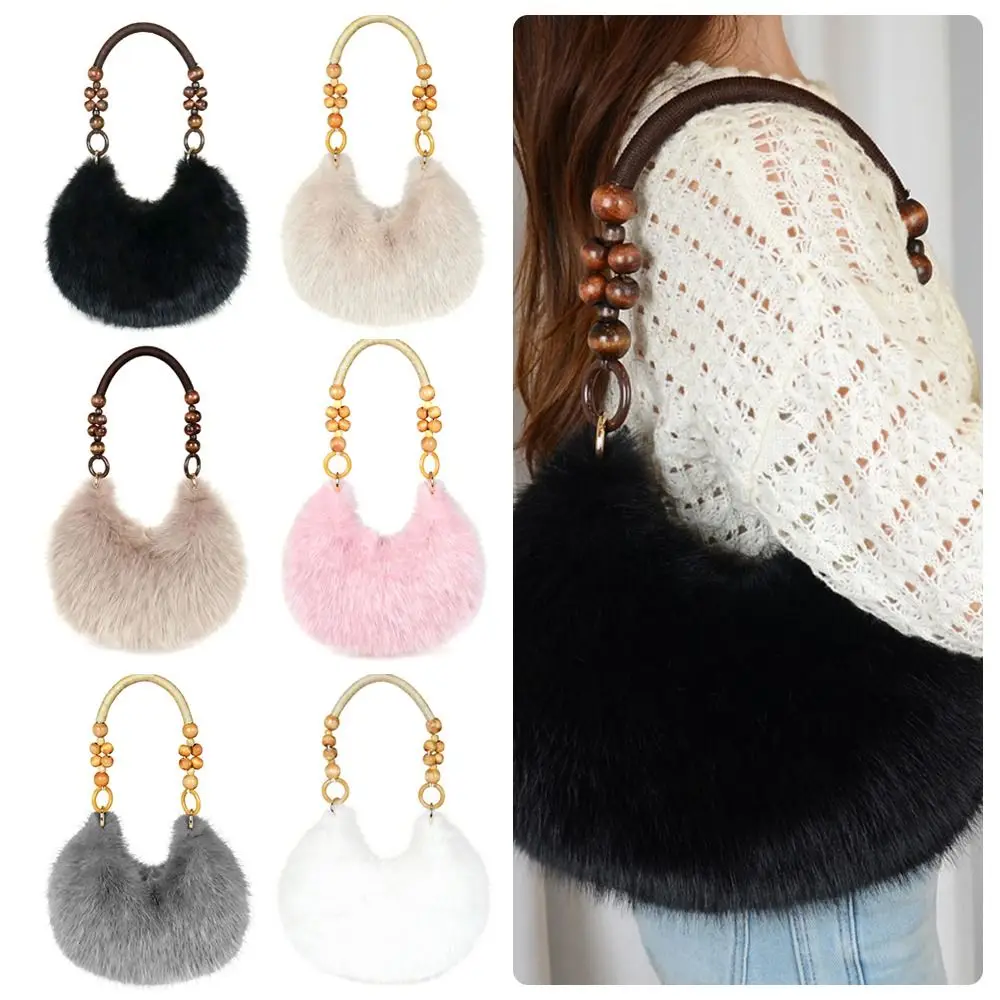 

Fashion Multicolor Furry Handbag Beads-Chain Handle Soft Tote Bag Oval Faux Fur Shoulder Bag Party