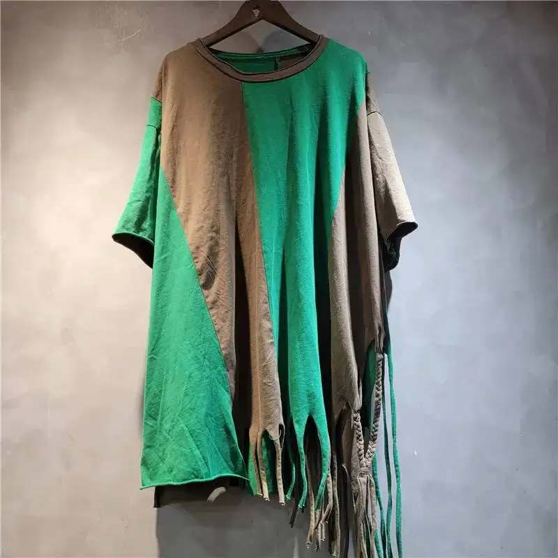 Spring New Patchwork Color Block Men T-shirt Loose Trendy Versatile Stylish Vintage Fringe Hem Short Sleeve Tops ZA45