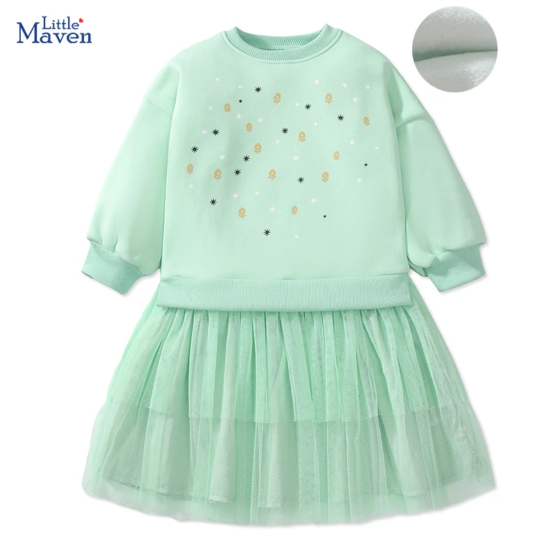 Little maven Children's Clothing 2024 Winter Autumn Kids Clothes Cotton Girls Warm Fleece Outerwear Long Sleeves Mesh Dresses