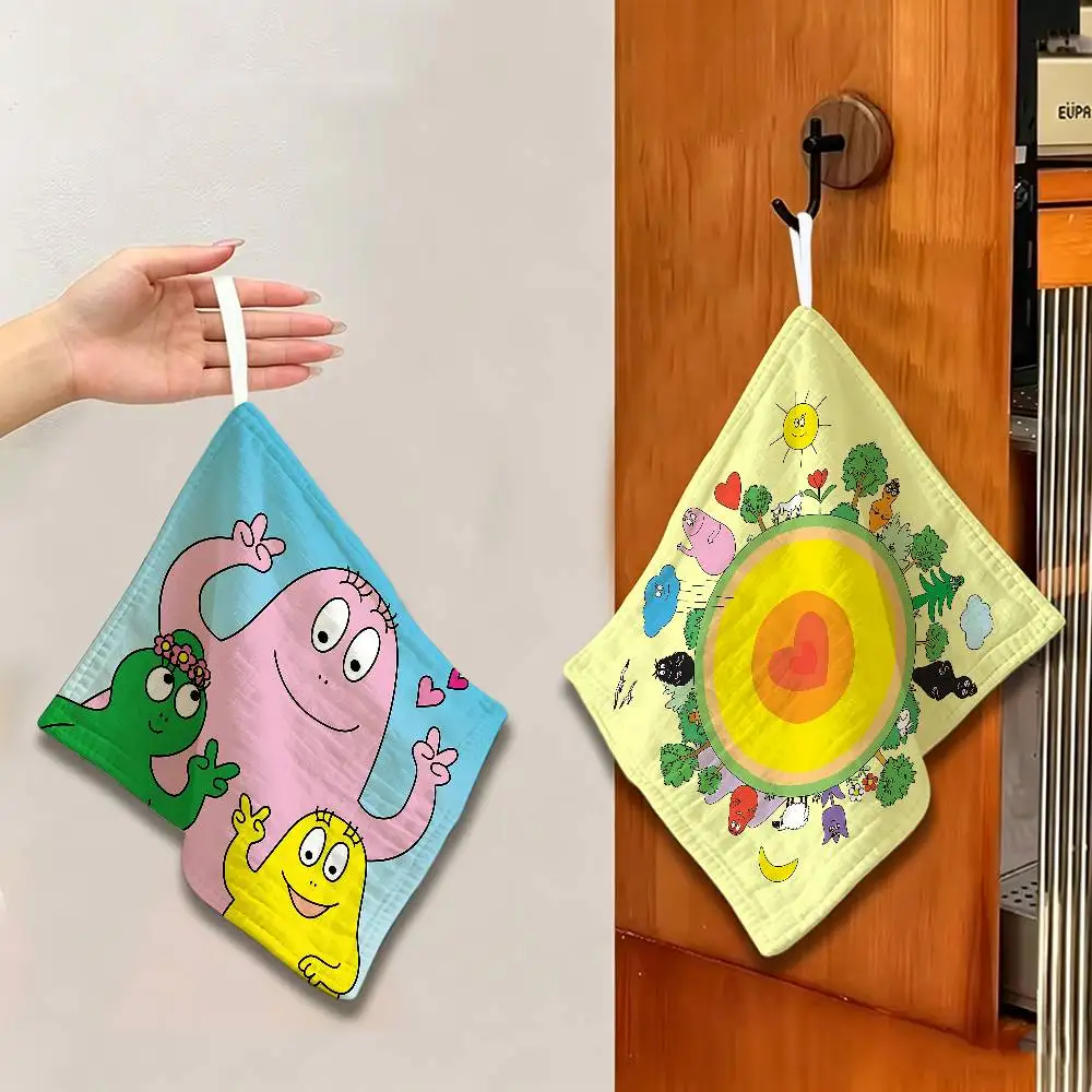 Cartoon Barbapapa Hanging Polyester Cotton Towel, Reusable Hand Wiping Cloth, Wear Resistant for Home Kitchen Sink