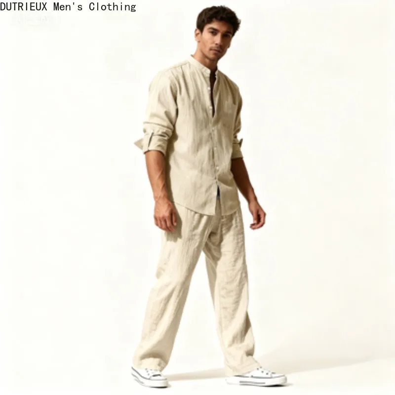 

Простая универсальная рубашка с длинными рукавами + брюки большого размера, удобный льняной костюм для мужчин, осенний мужской комплект из хлопка и льна из двух предметов