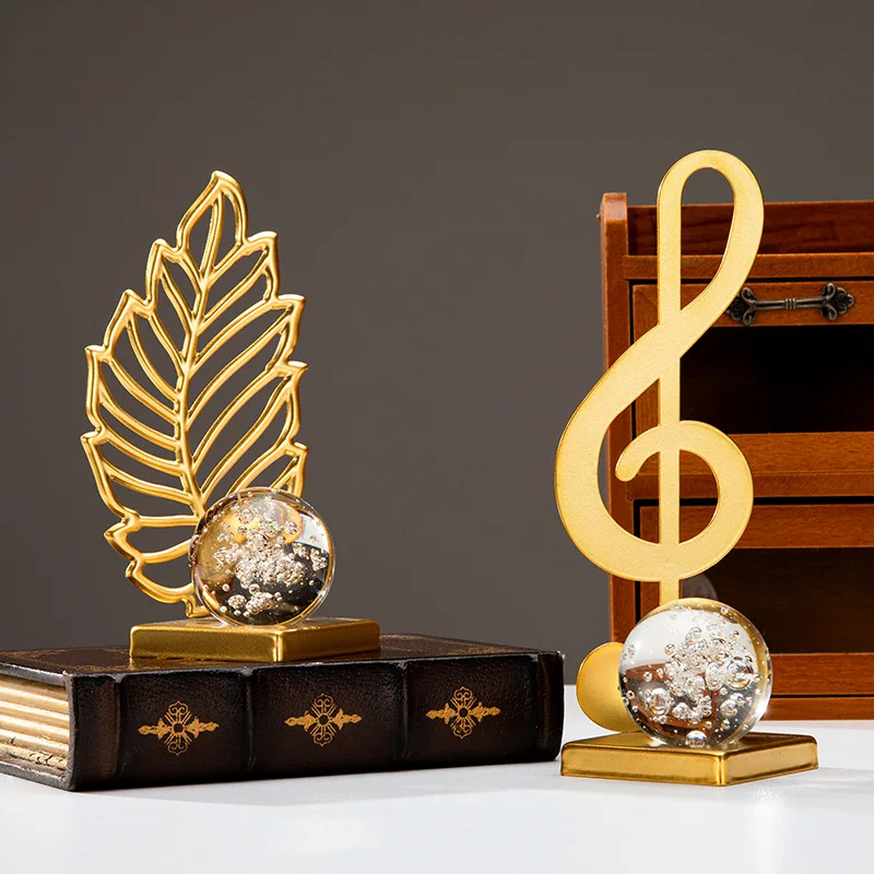 Gold Ginkgo Leaf Iron Crafts Decoration Light Luxury Crystal Ball Ornaments Living Room TV Wine Cabinet Xuan Guan Handicrafts