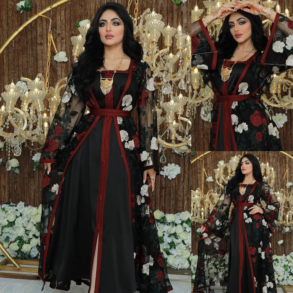 

Luxury Dress Abaya Woman Black Flower Embroidery Lace Muslim 2 Piece Set Female Jalabiya Arabic Kaftan With Inner Dress Jalabiya