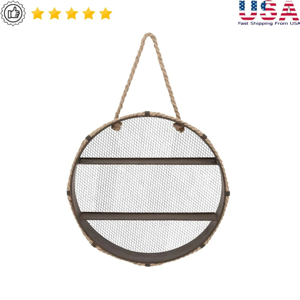 

24 Inch Round 2 Tier Black Wall Shelf with Jute Rope Indoor Metal Display Rustic Industrial Style Home Decor