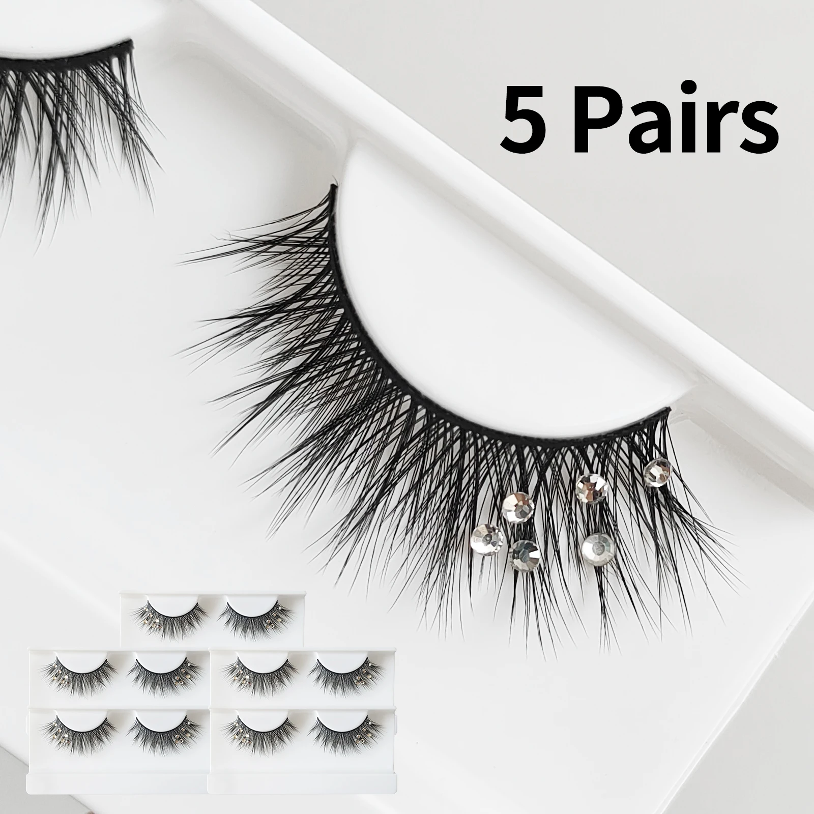 5 أزواج من رموش الحفلات الماسية، رموش زفاف فضيية لامعة راقية