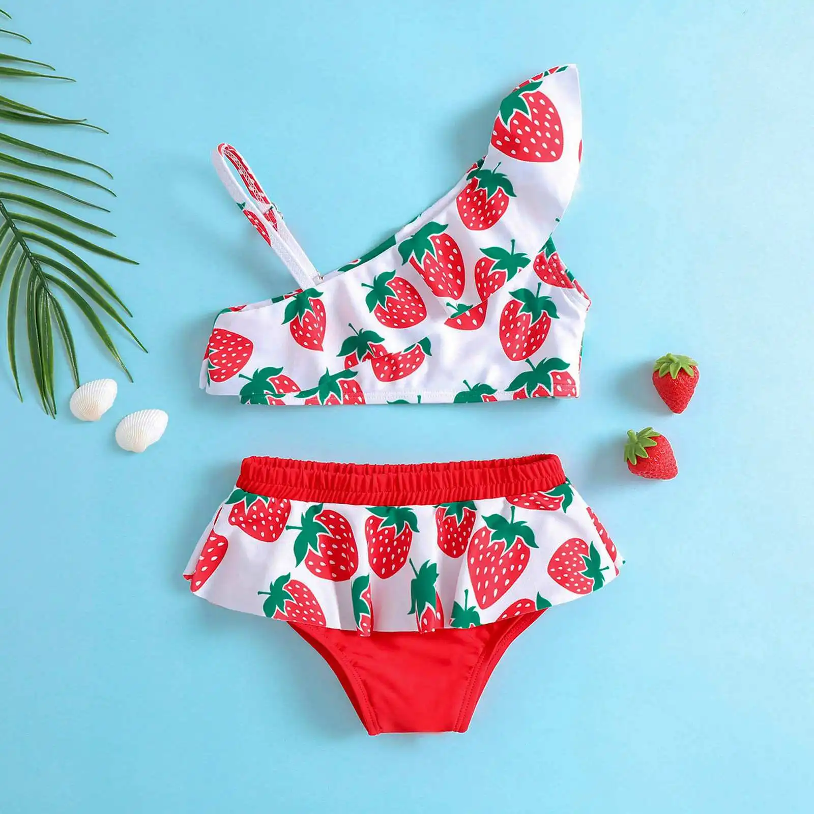 Wholesale Fashion Child Girl Strawberry Print Bikini Set Lovely Kid Swimsuit Stylish Flouncing Swimwear Hot Summer Beachwear