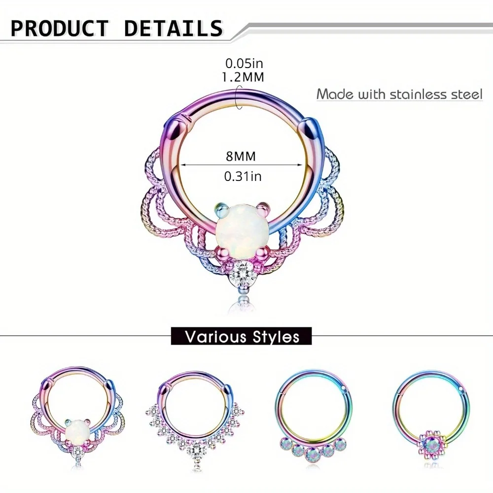 Diamday 1Pc 316L Surgical Steel Septum Ring Jewelry 16G Rainbow Body Piercing Jewelry Hinged Opal Septum Clicker for Women