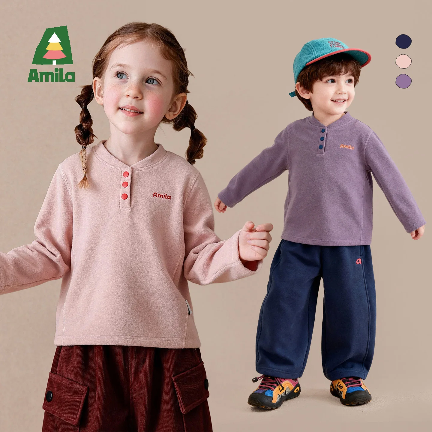 Amila 2026 Winter New Kids Fleece Top Half Snap Stand Collar Color Block Embroidery Extra Warm Cozy Soft Daily Versatile Top