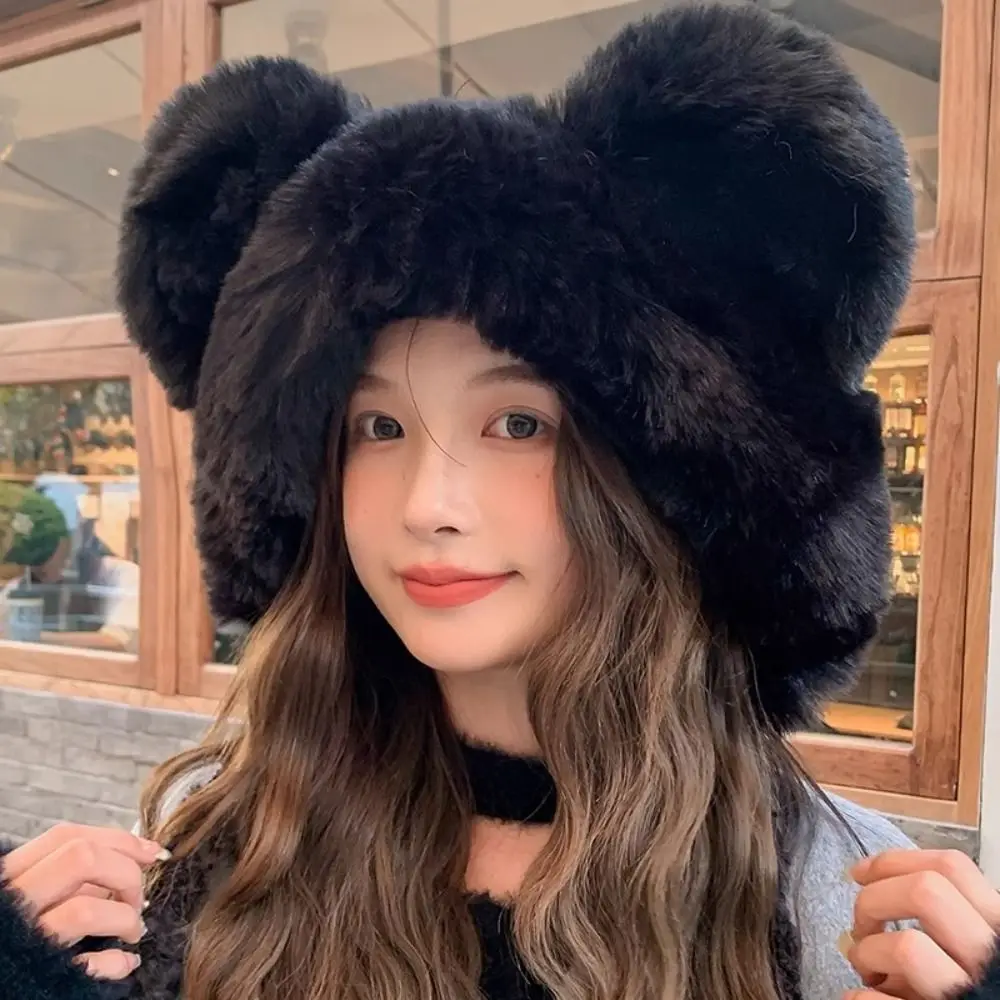 

Thickened Warm Plush Bear Ears Hat Winter Cute Ear Protection Hat Fluffy Soft Bucket Hat Women