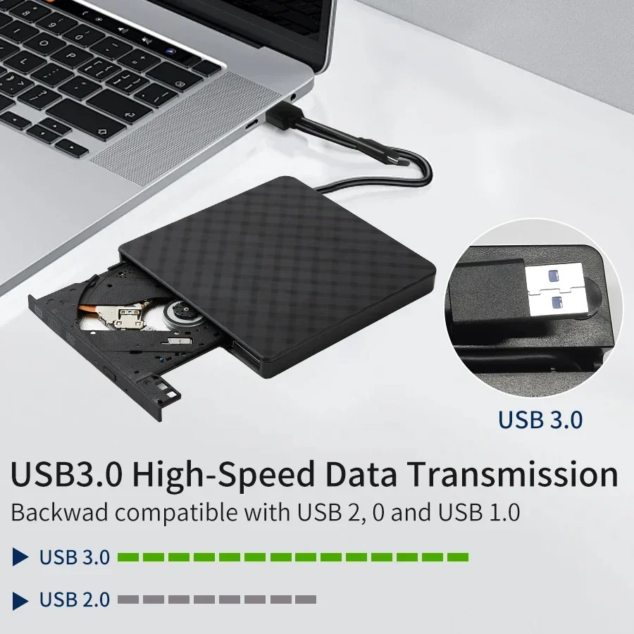 محرك أقراص DVD خارجي USB 3.0 محمول نحيف محرك الأقراص الضوئية قارئ مشغل نوع صينية محمول لأجهزة الكمبيوتر المحمول والكمبيوتر الشخصي