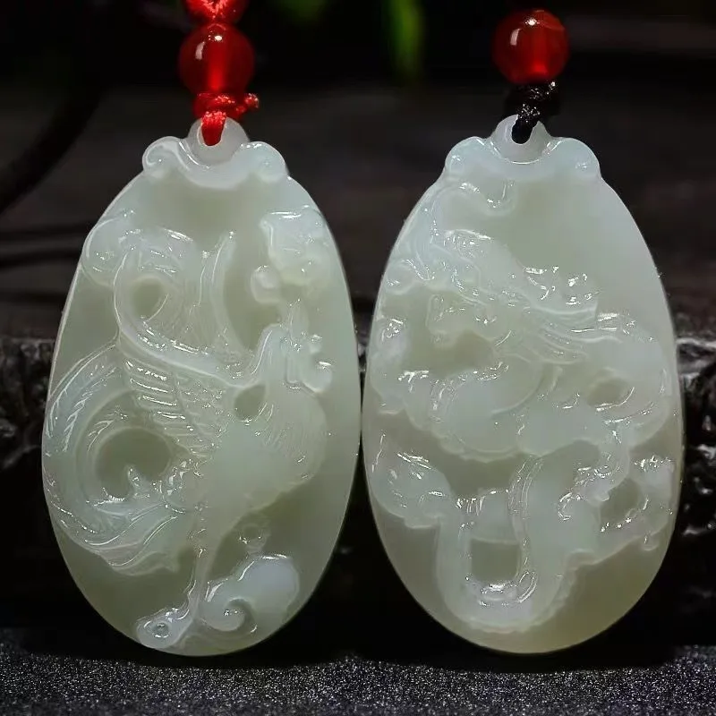 Male and Female Couple's White Jade Dragon and Phoenix Pair Jade Pendant Afghan White Crescent Dragon and Phoenix Pair view 2