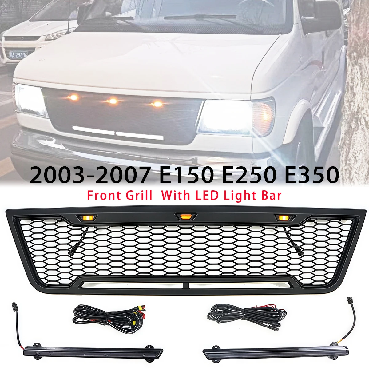 

Front Grill With light Bar Fit For 2003-2007 Ford E150 E250 E350 Black Grille