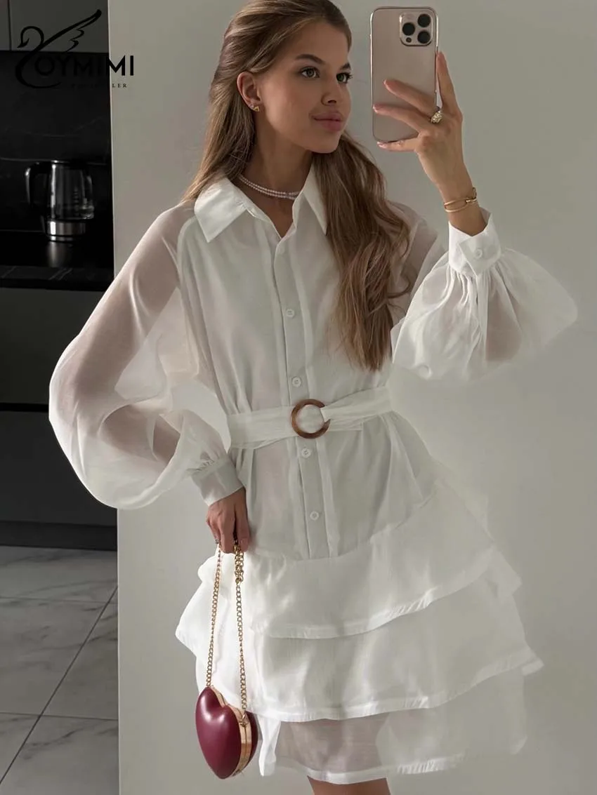 

Oymimi Fashion White Lapel Dresses For Woman Elegant Long Sleeve Lace-Up Button Dresses Casual New Cascading Ruffle Mini Dress