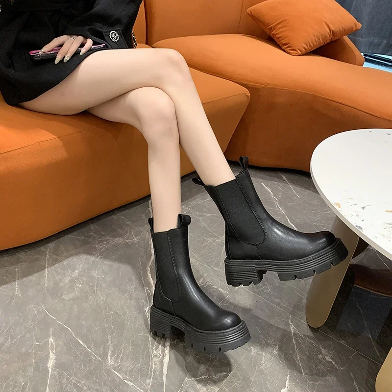 Fashion Mid Calf Boots Winter Autumn Slip on Warm Shoes for Women Shoes Hoof High Heels Leather Solid Modern Boots Zapatos Mujer