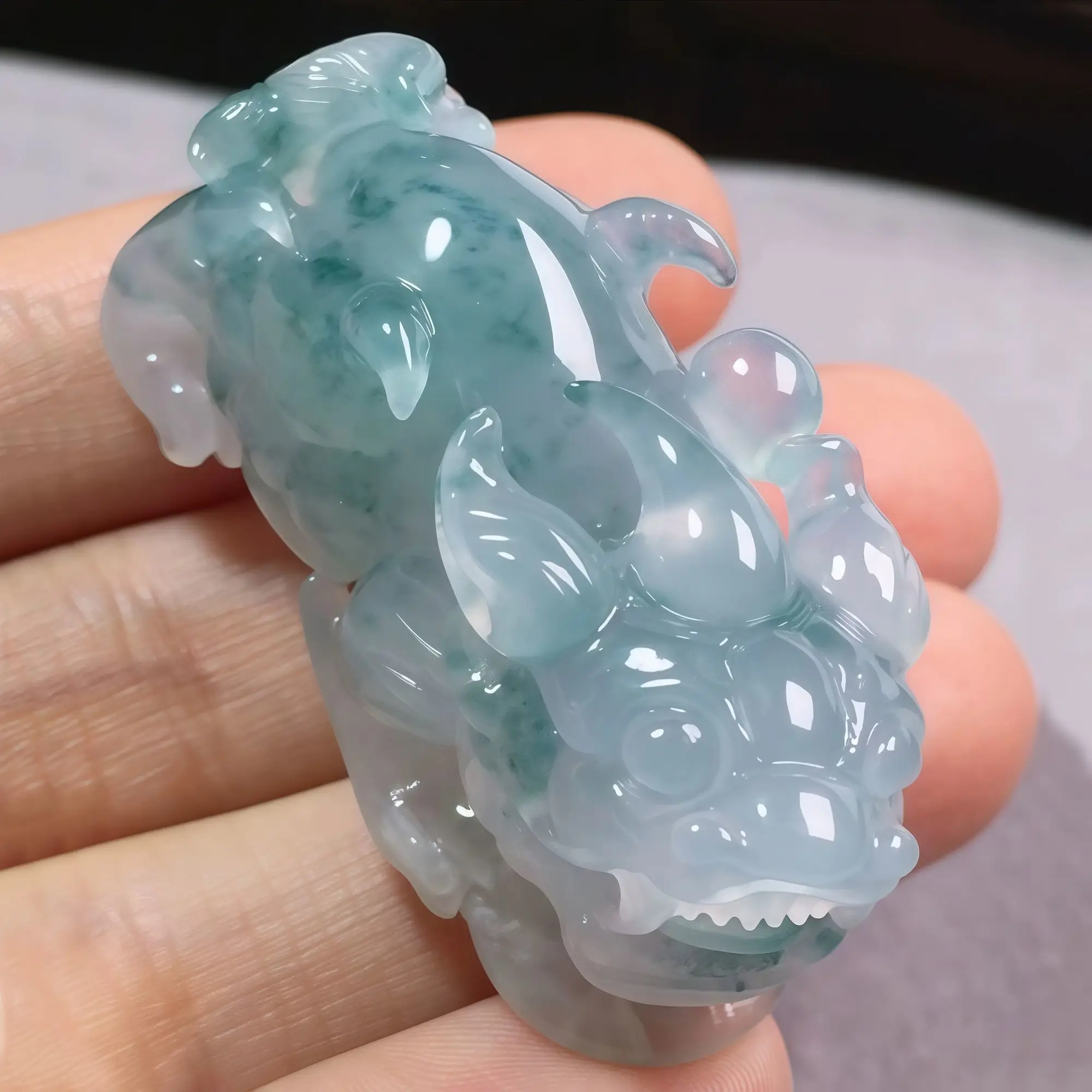 Burmese jade and jadeite ice type PI Xiu pendant, exquisitely carved with full green jade pendant