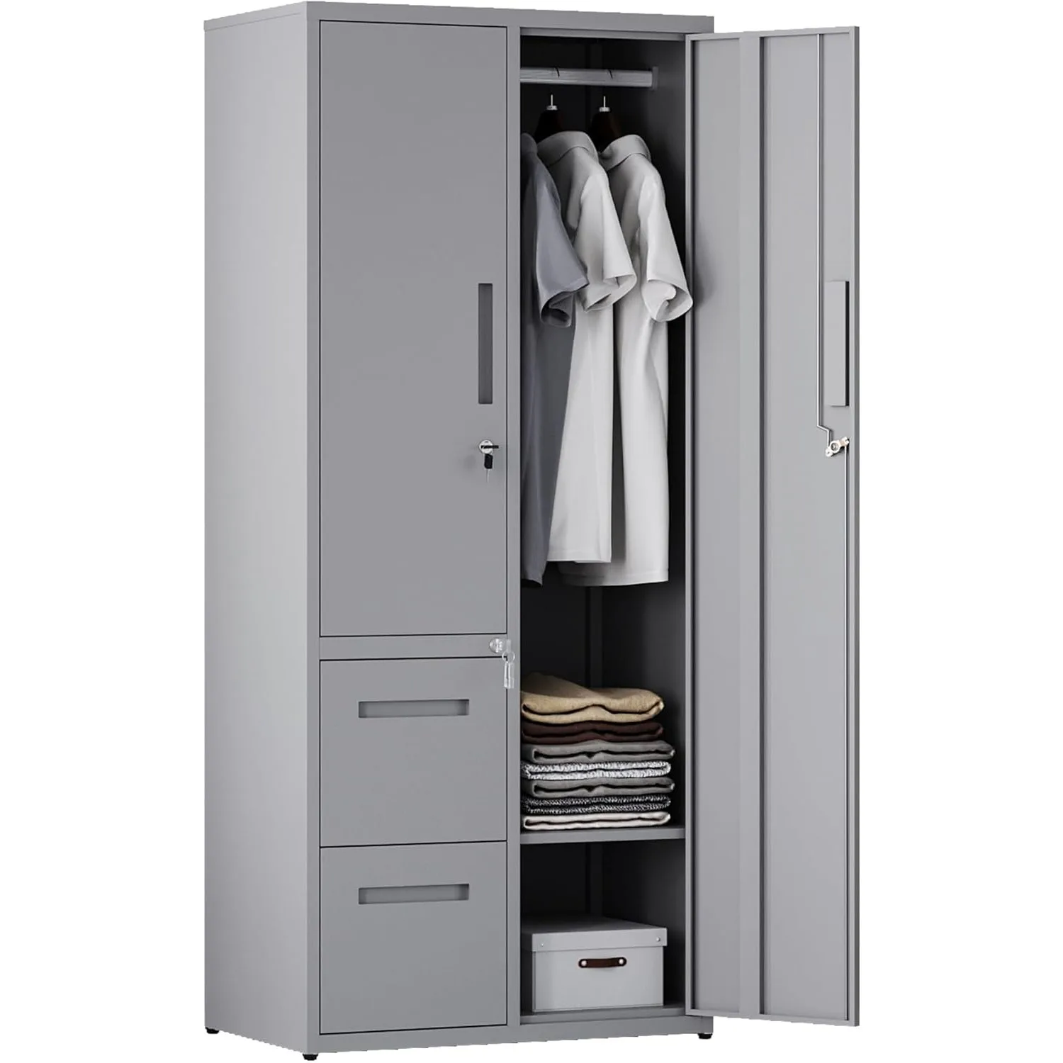 Metal Storage Cabinets with Drawers, Staff Locker with Lock Door and Shelves-Wardrobe Clothing/File/Tool Storage(Gray)