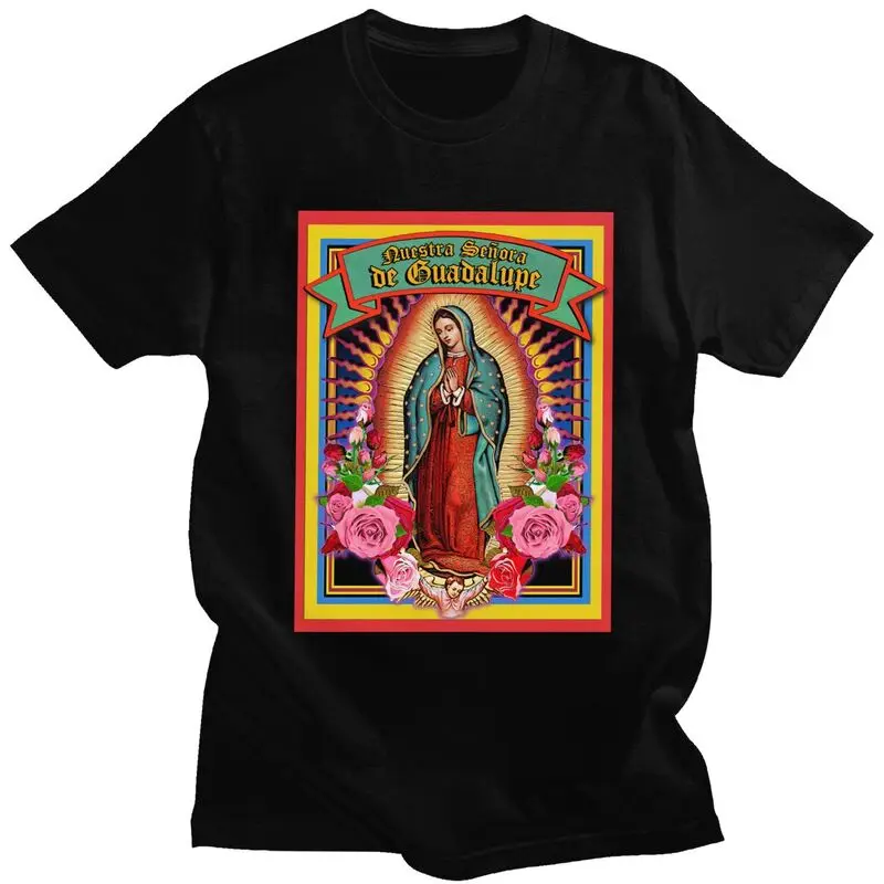 Custom Guadalupe Virgin Mary T Shirts for Men Pure Cotton Tee Tops Religious Art Tshirts Short Sleeve T-shirt