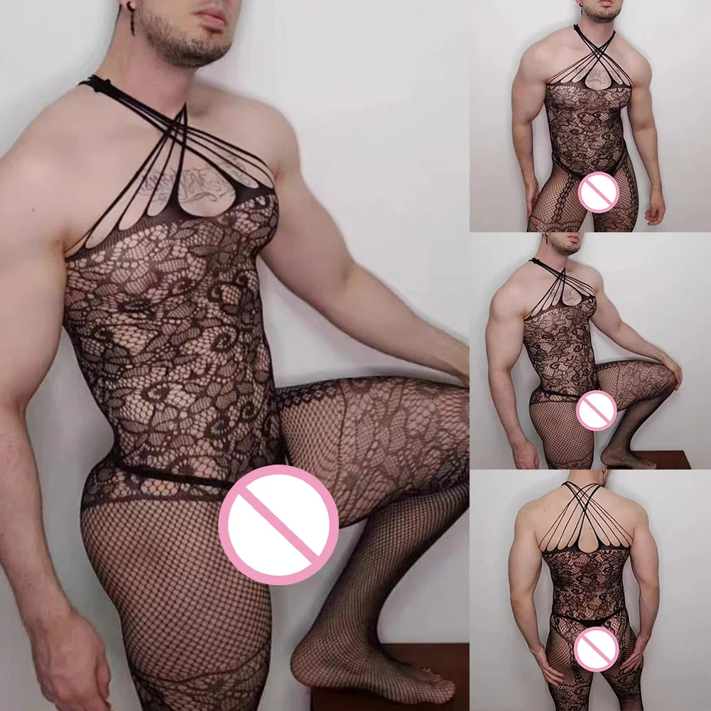 New Men Sexy Sissy Hollow Out Jacquard Fishnet Full Jumpsuit Bodystocking Lingerie Erotic Crotch Seductive Mesh Male Bodysuits