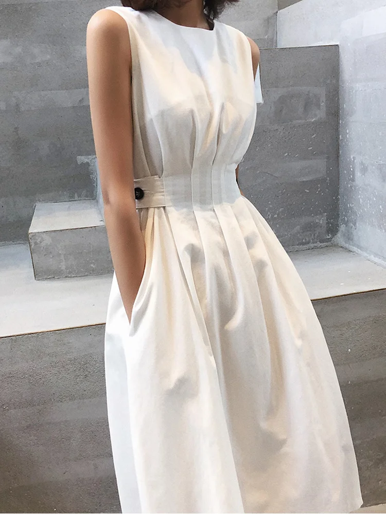 

Summer White Long Dress Women Fashion Elegant Casual Party Dress O Neck Sleeveless Tank Sundress Female Tunic Waist Slim Vestido