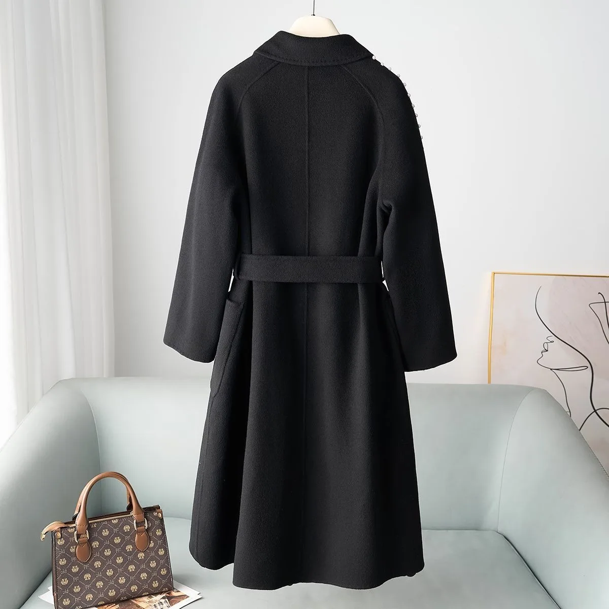 معطف صوفي طويل على طراز هيبورن لخريف وشتاء 2025 معطف صوفي طويل على الوجهين 30 سترة صوفية بقصة ضيقة من الكشمير للنساء #5