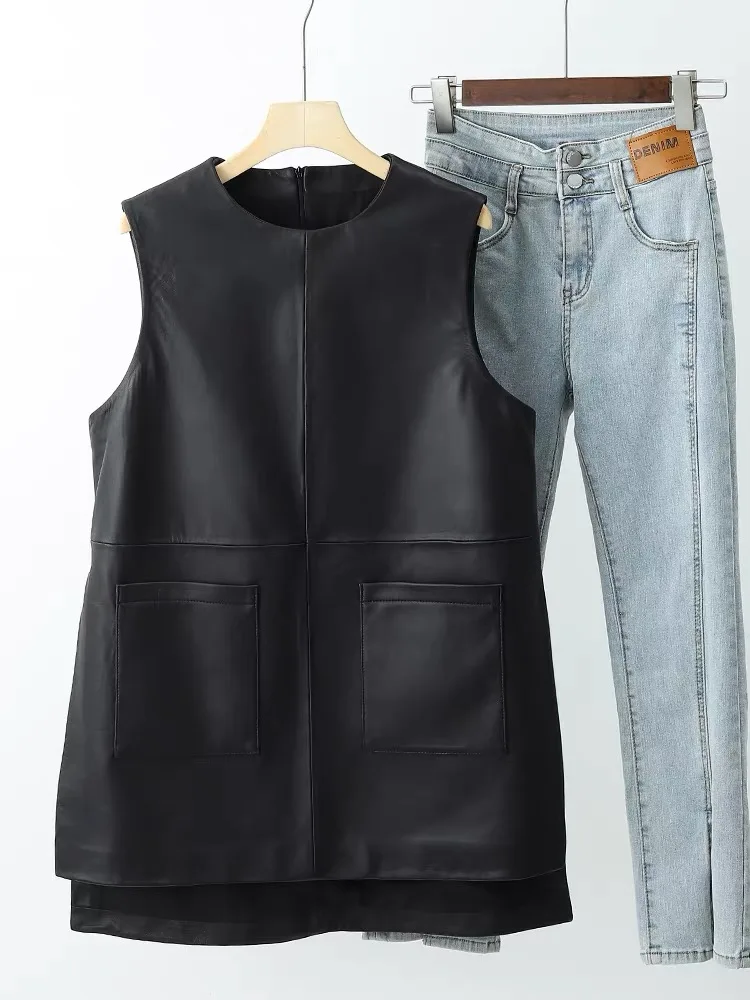 Oversize Black Pullover Genuine Leather Vest for Waistcoat Women New Advanced Design Round Neck Slit Big Pockets Tank Top Coat