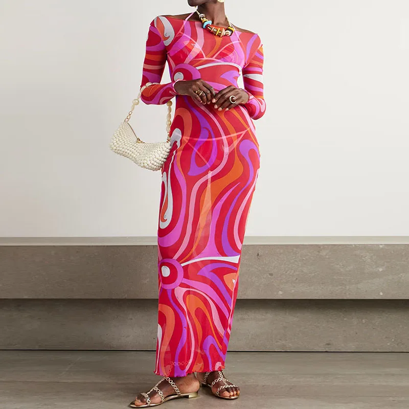 Sexy hohl durchsichtiges Etui-langes Kleid für Damen, Sommerdruck, O-Ausschnitt, böhmisches Strandkleid, elegantes, langärmliges Urlaubs-Hüftkleid