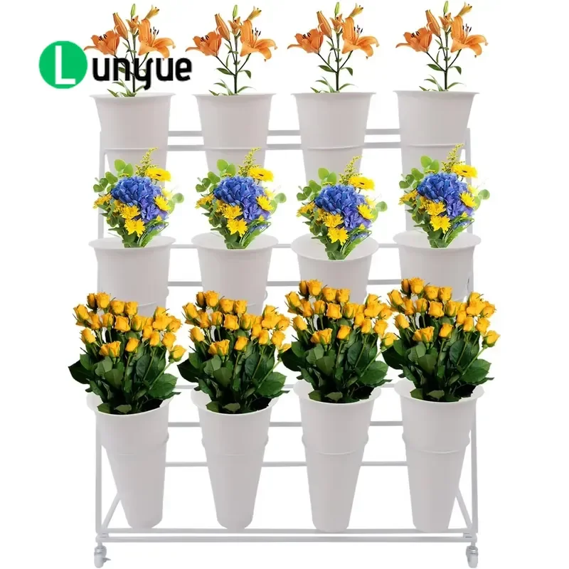 White 3-Tier Wrought Iron Flower Stand with Wheels 12-Piece Modern Plant Rack for Indoor Outdoor Home Garden Storage Display